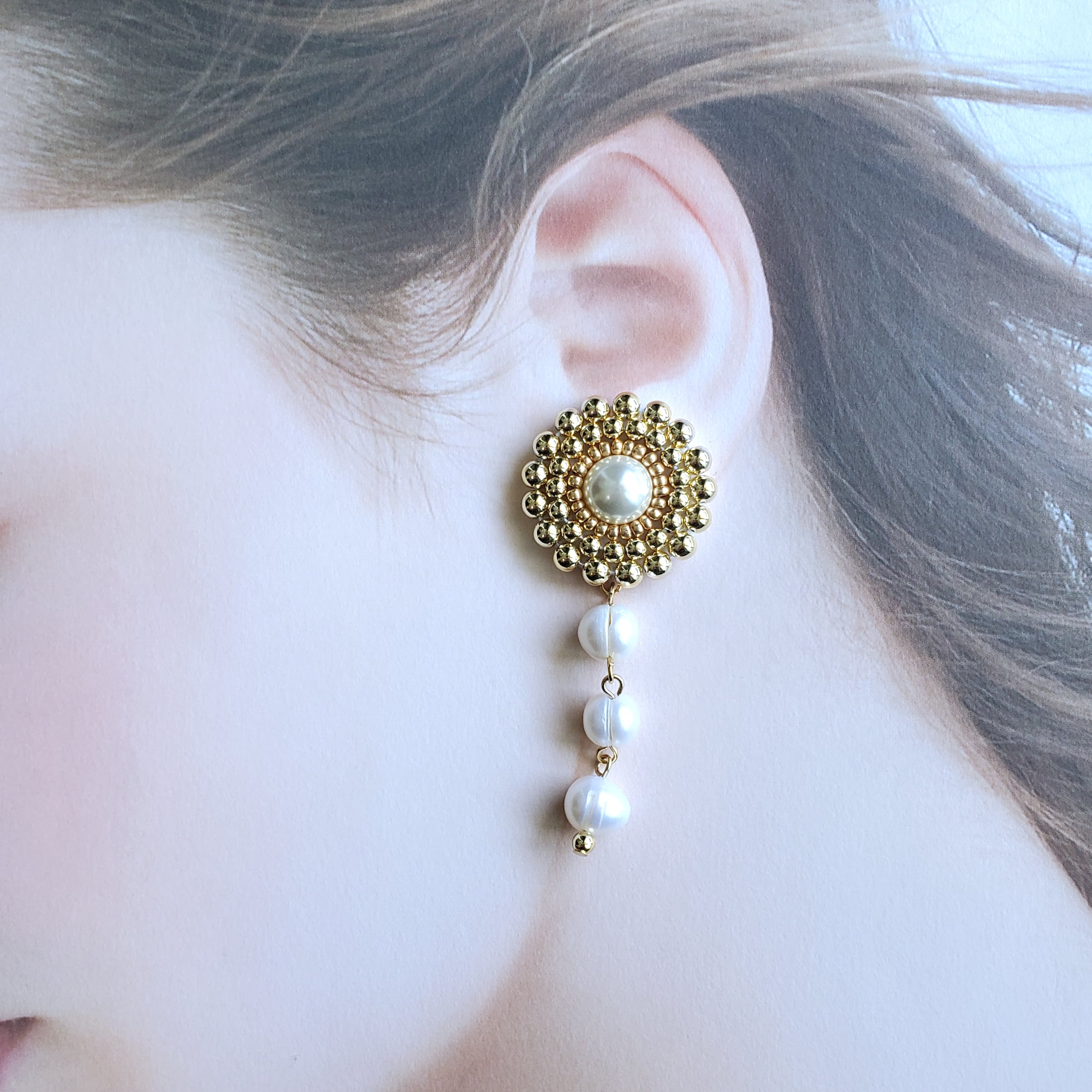 送料無料】pearl × gold pierce/earring 【刺繍ピアス】【刺繍