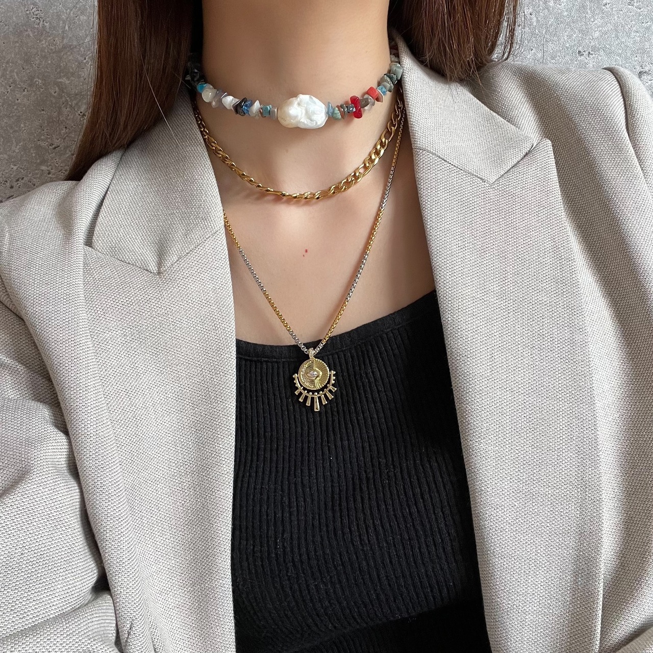 目モチーフ　mixチェーンネックレス［GSN039］