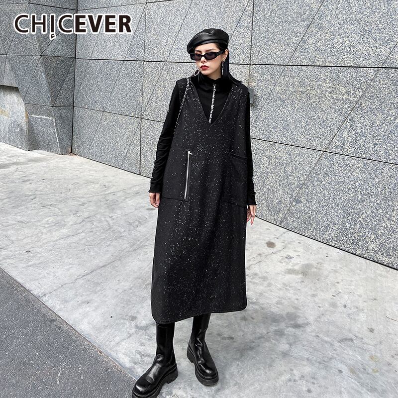 CHICEVERヴィンテージドレス女性Vネックノースリーブルーズパッチワークジッパーストレートブラックドレス2020秋の服 オータム 秋物 ビンテージ 6base533929012423