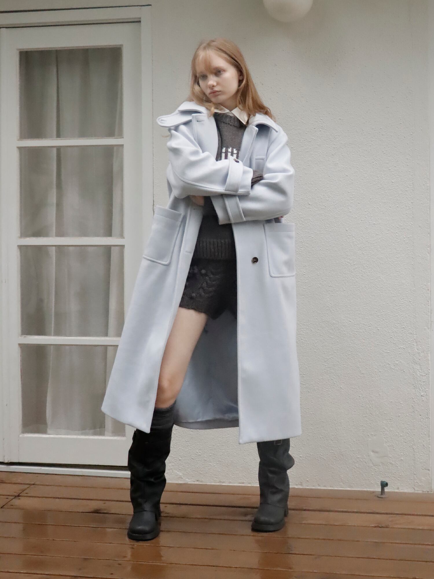 mieyamieya ミーヤミーヤ　ロングコート アイスブルー 2WAY COLLAR HEFTY COAT -ICE BLUE- | mieya mieya