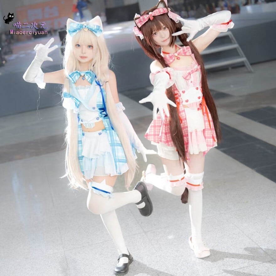 豹了个猫 OCELOT ロリータ アイドル 衣装 ブルー アイドル衣装 チェック柄 猫耳チェックミニワンピース（ブルー・ピンク