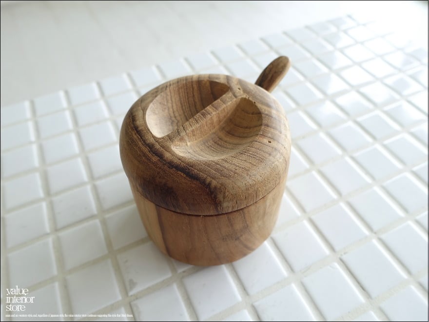 調味料入れOV 蓋付き スプーン付き 薬味入れ 七味入れ スパイスポット 砂糖入れ キッチンツール 保存容器 キャニスター チーク無垢材