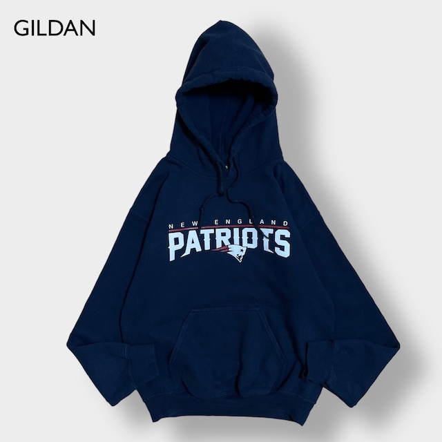 GILDAN NFL ニューイングランド・ペイトリオッツ アメフト プリント ロゴ パーカー プルオーバー スウェット フーディー ネイビー NEW ENGLAND PATRIOTS S us古着