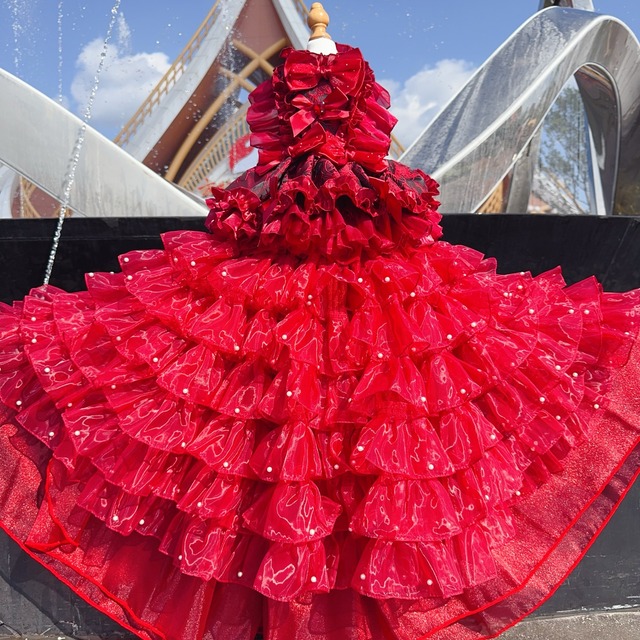 red frill pearl skirt separate long dress