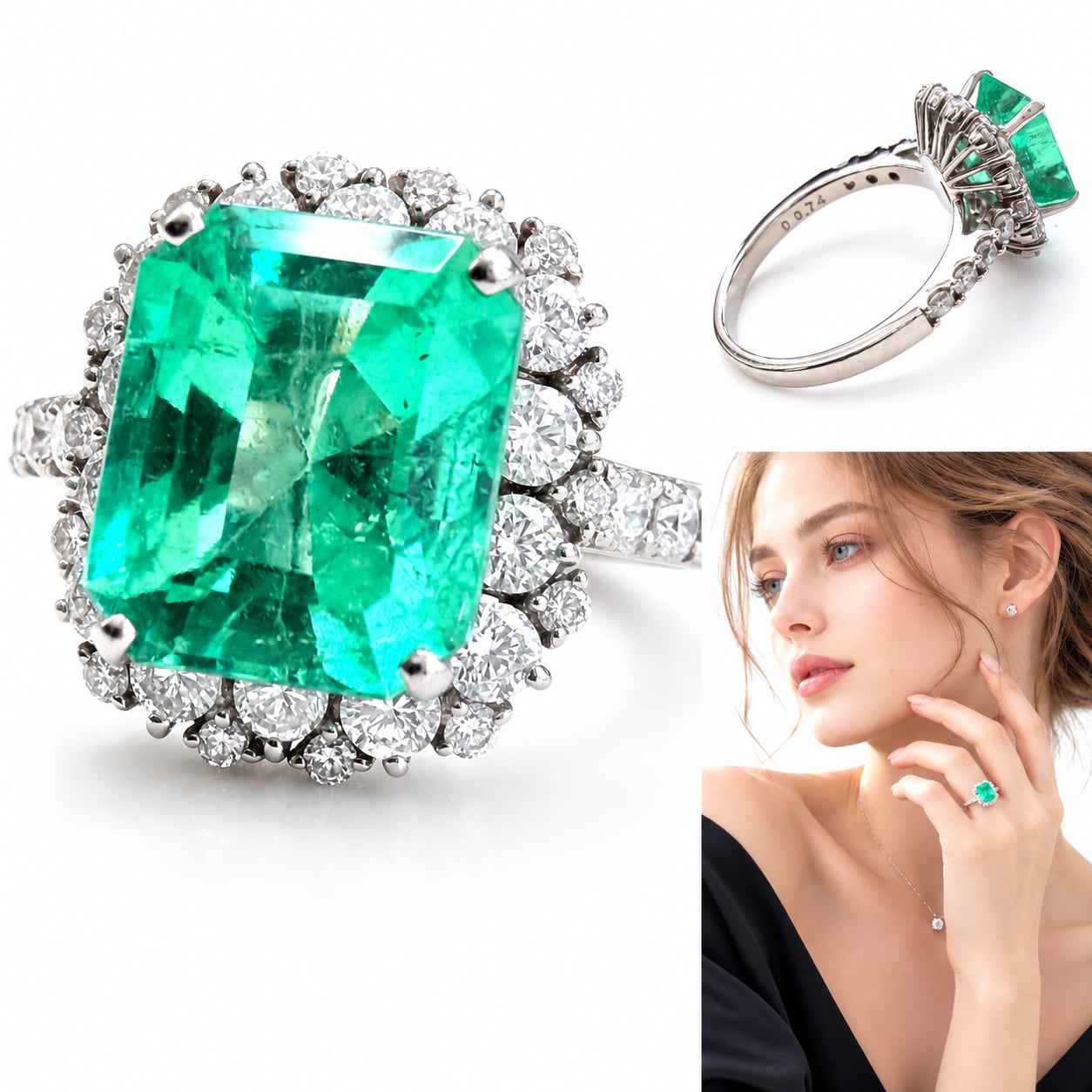 エメラルド ダイヤモンド リング 2.695ct 0.74ct PT900 プラチナ 指輪 9.5号 5.8g ダイヤ メレダイヤ