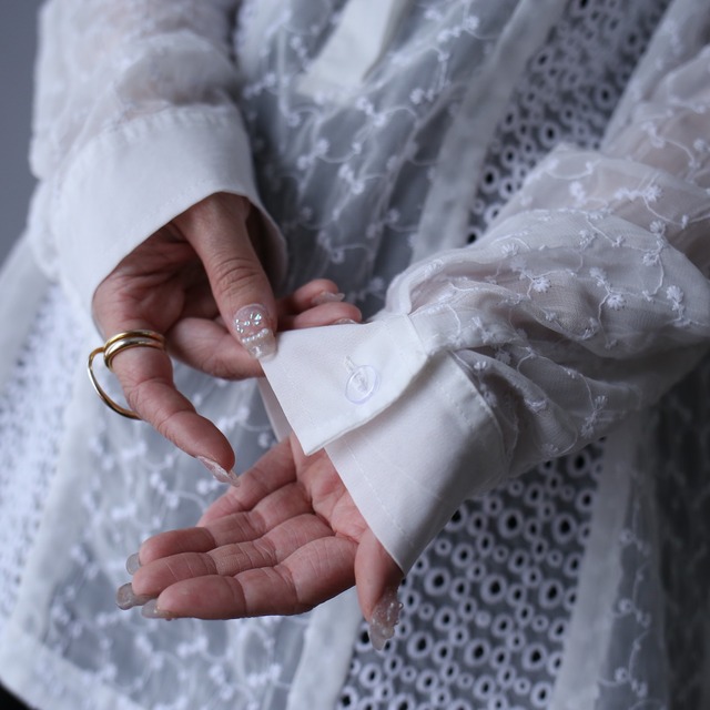 multi lace switching pattern half-button see-through shirt pullover