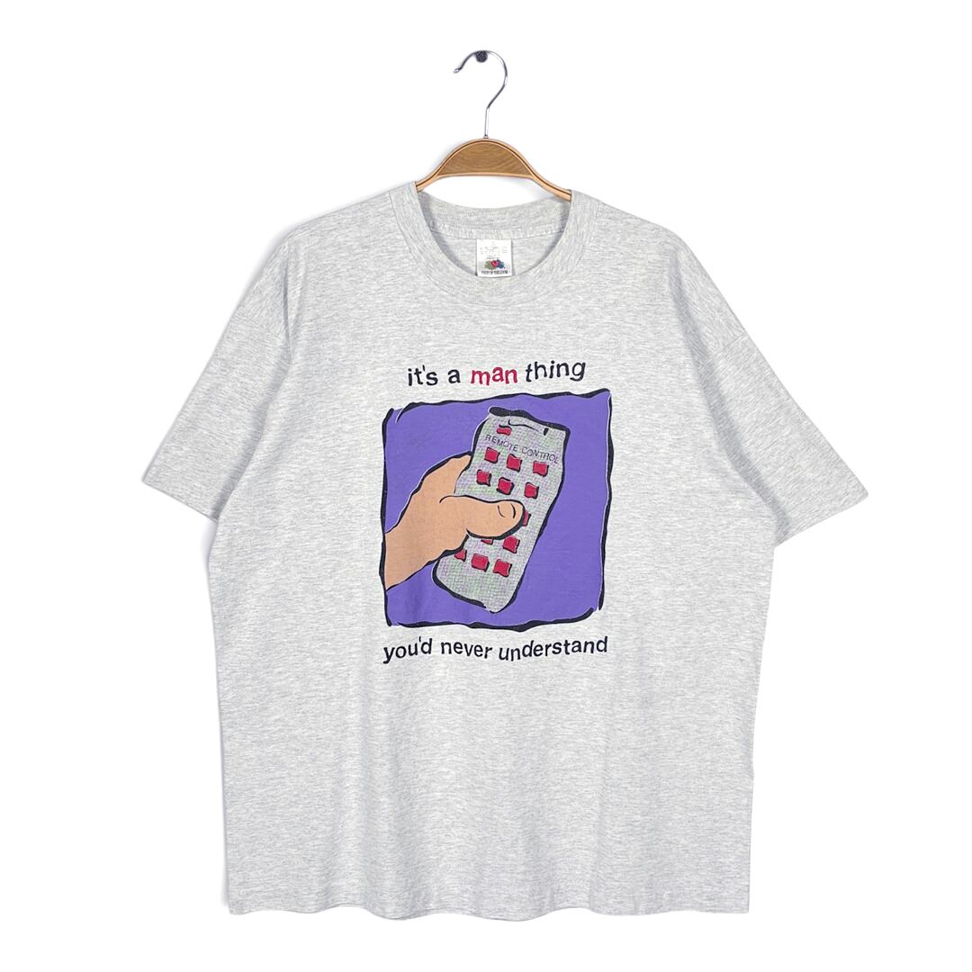 90s メッセージT カナダ製 ヴィンテージ Tシャツ リモコン 霜降りグレー シングルステッチ フルーツオブザルーム サイズXL 古着 BZ0571