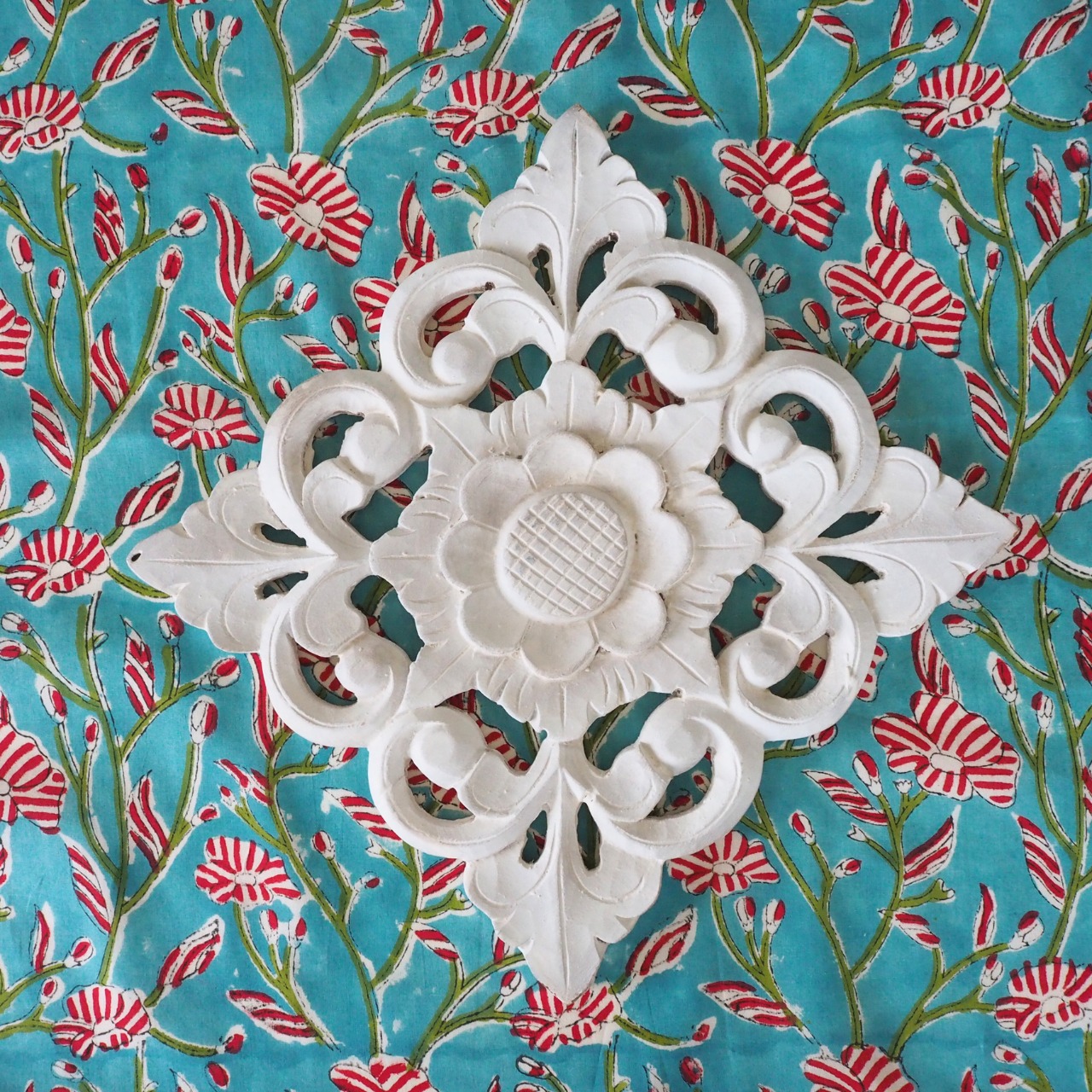 ブロックプリント生地【50cm単位】インド綿  花柄 青緑×赤 #17328-GR2