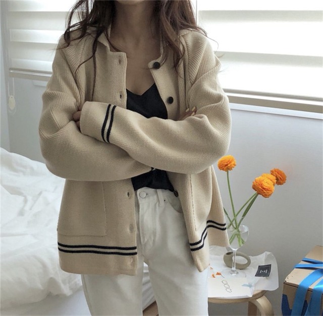 韓国 秋冬 新作 ストライプ ファッション ラペル 長袖 セーター カーディガン 短いスタイル コート