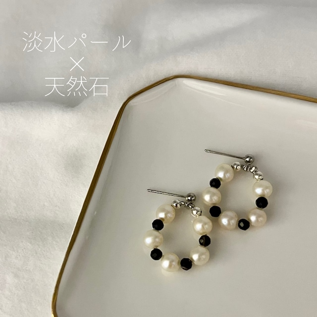 淡水パール×オニキス ピアス