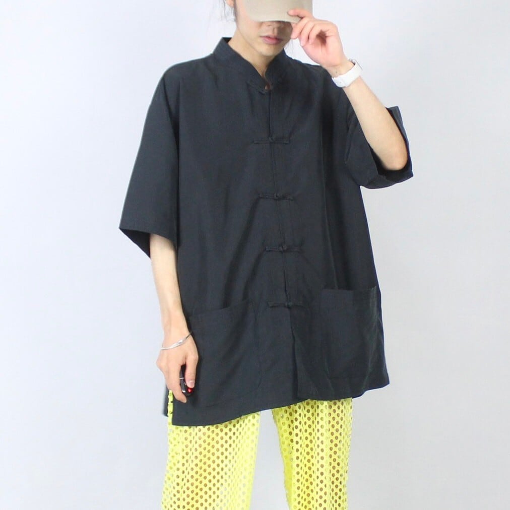 S/S オーバーサイズ シルク チャイナシャツ ブラック【OT-5286】