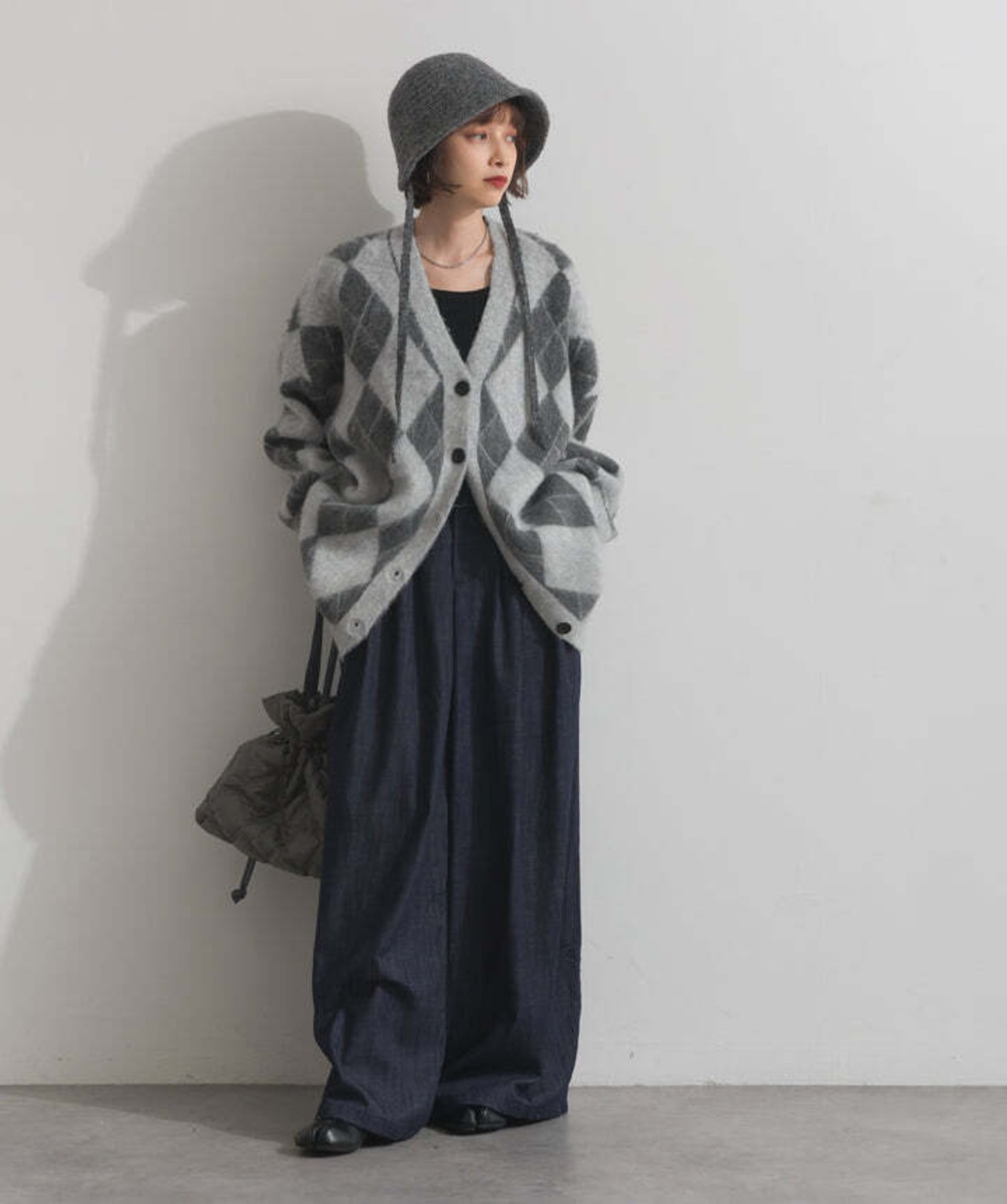 HD2510045 シャギーアーガイルVネックカーディガン L.gray