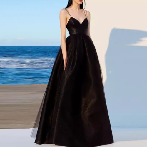 演奏会ドレス レディース パーティードレス 結婚式ドレス ロングドレス ワンピースドレス ロングワンピース ハイウエスト Aラインスカート 細ストラップ Vネック マキシドレス お呼ばれ フォーマル