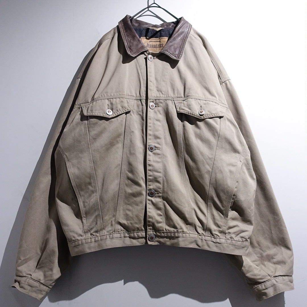 90s Greige Leather Collar Fleece Lined Design Trucker Jacket