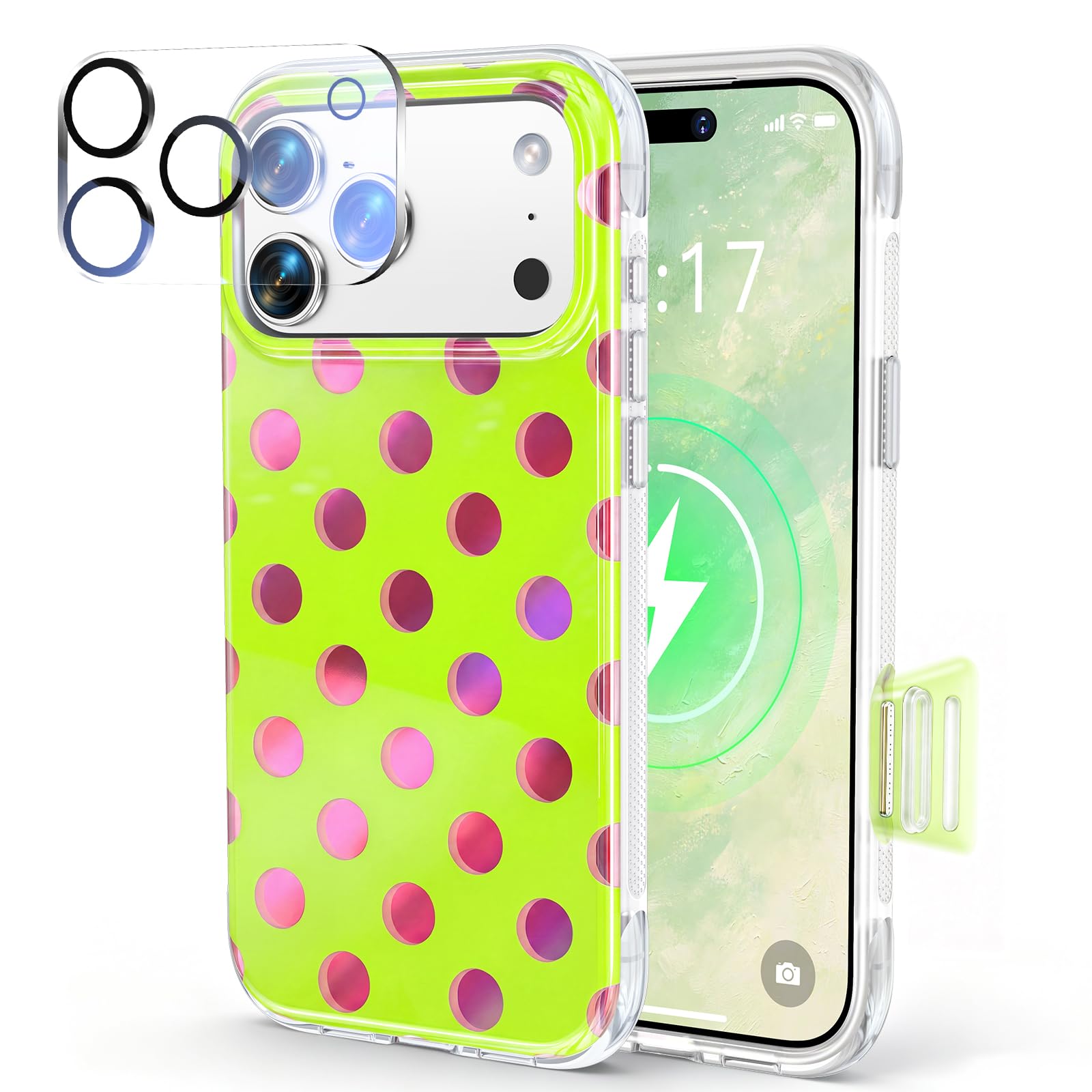 水玉ケース 用の iPhone 18 Pro Max シンプルデザイン 柄を邪魔しない マグネット内蔵 MagSafe対応 レンズ保護ガラス付き