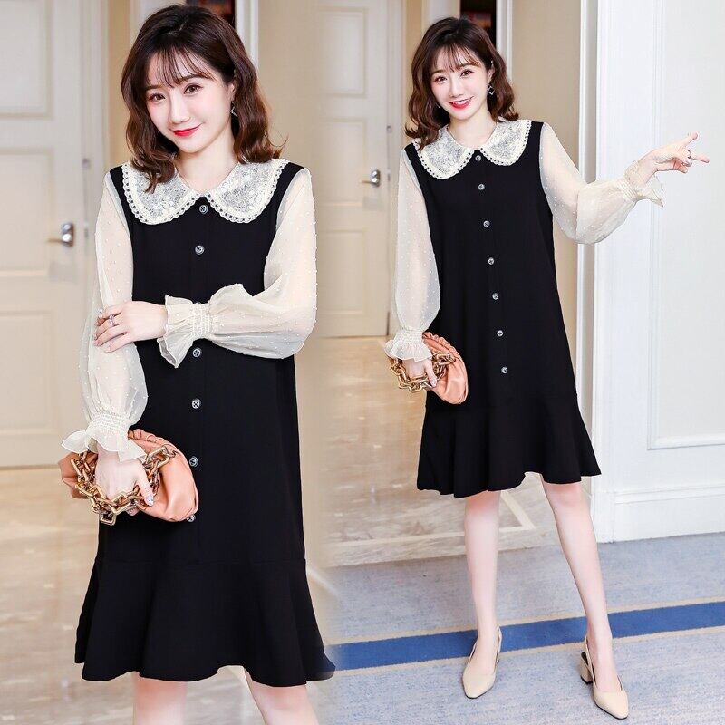 【新作】【送料無料】 1866＃マタニティ服フレンチ春秋長袖パッチワークゆったりとしたスタイリッシュなドレス妊婦ママドレス ロング スプリング 春物 オータム 秋物 AL expec348169279847