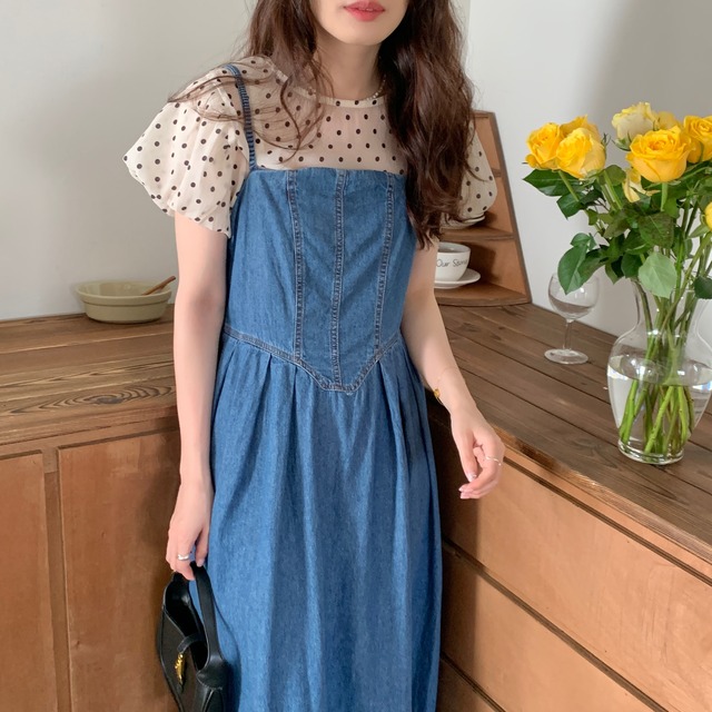 2点セット レディース セットアップ 上下セット トップス ジャンパースカート デニムワンピース キャミソールワンピース キャミワンピ ロング丈 半袖 パフスリーブ ラウンドネック ワイド Aライン ウエストマーク デニム かわいい 大人可愛い シンプル カジュアル フェミニン シック おしゃれ おとな ナチュラル こなれ感 ラフ ラブリー キュート ガーリー ルーズ 抜け感 ドット 水玉 学生 通学 デート お出かけ 女子会 休日 散歩 S M L 春 夏 ツーピース 10代 20代 30代 送料無料