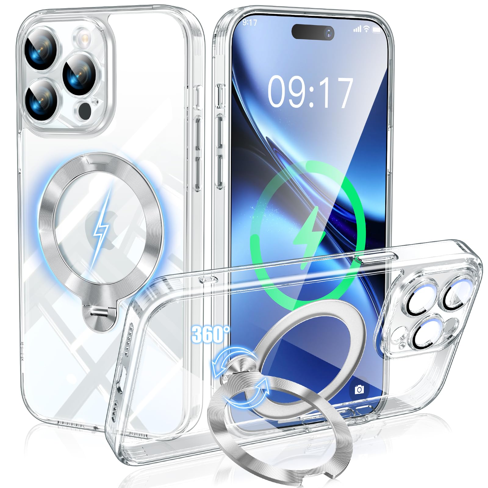 iPhone 14 Pro用 ケースクリア MagSafe対応 一体型カメラ保護 光沢CD紋様 360°回転スタンド ストラップホール付き 透明