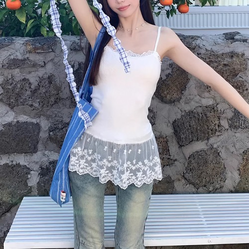 2色／シアーレースヘムロングキャミソール ・76088