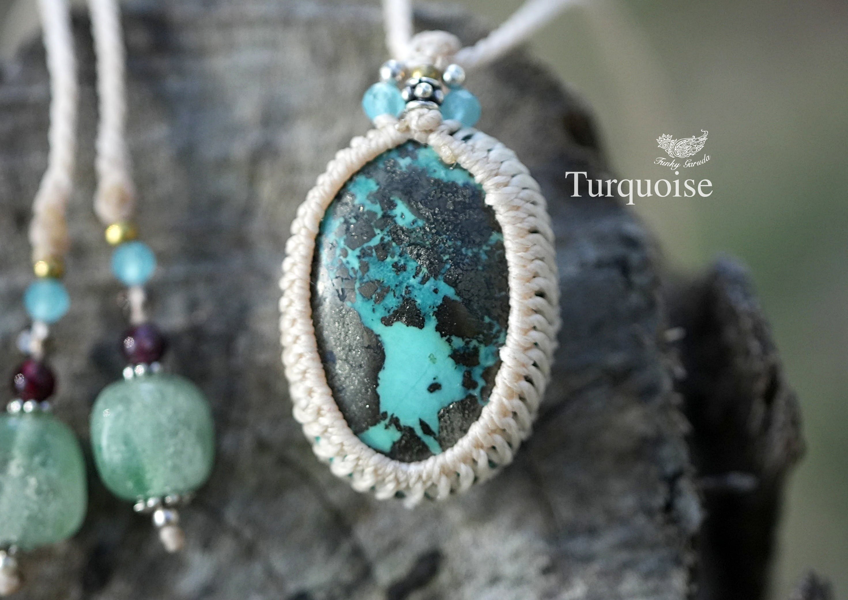 銀の地図★パイライト★ペルシャンターコイズ マクラメネックレス1491