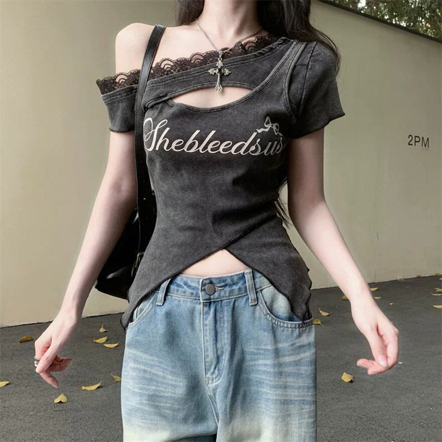 サブカル 服 地雷系 通販 Y2K 半袖シャツ ワンショルダー