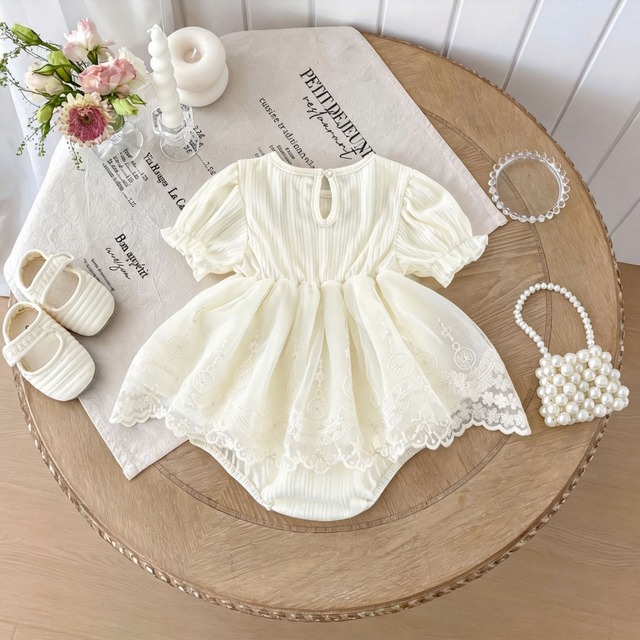 【BABY】クリームシェイクレース半袖ロンパース - 6