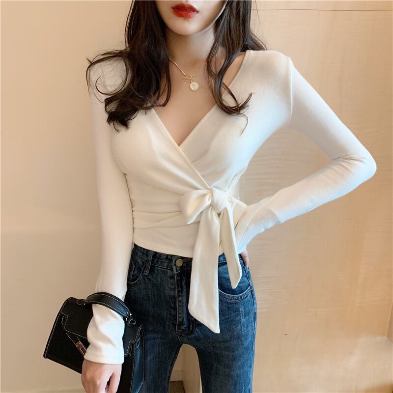 ブラックボトミングシャツデザインセンスVネッククロス長袖Tシャツレディース2020年秋新作セクシーショートスリムトップ ドラファッションホール18771686299