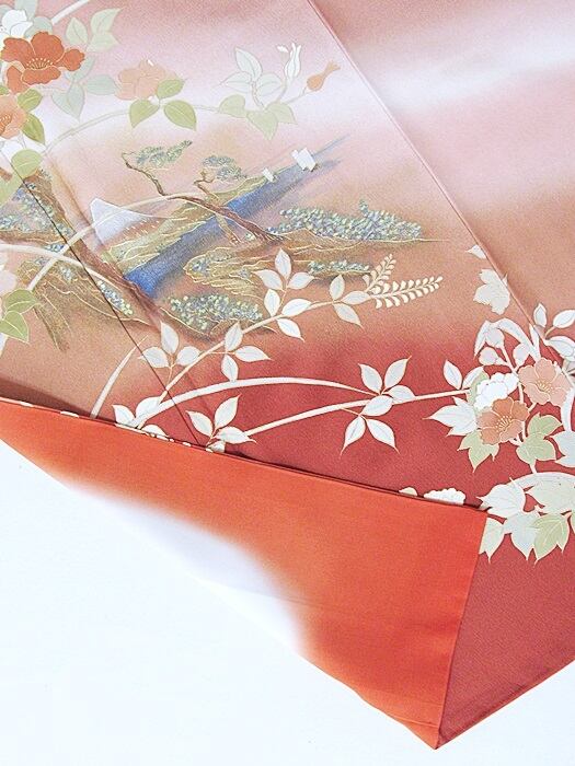 附下げ】袷着物 梨地 椿に富士 虹段暈かし／152cm前後ベスト☆ローズ