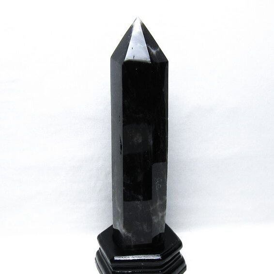 1.3Kg モリオン 六角柱 黒水晶 ポイント 置物 一点物 台座付属 152-4303