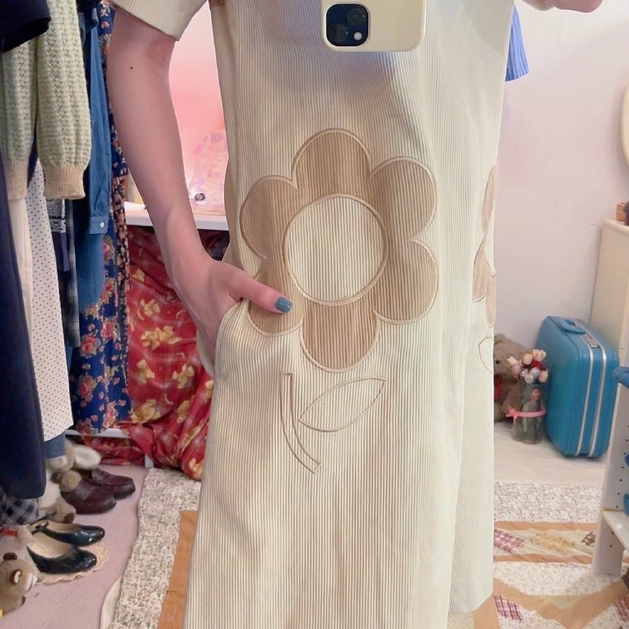 ribbon beige corduroy one-piece