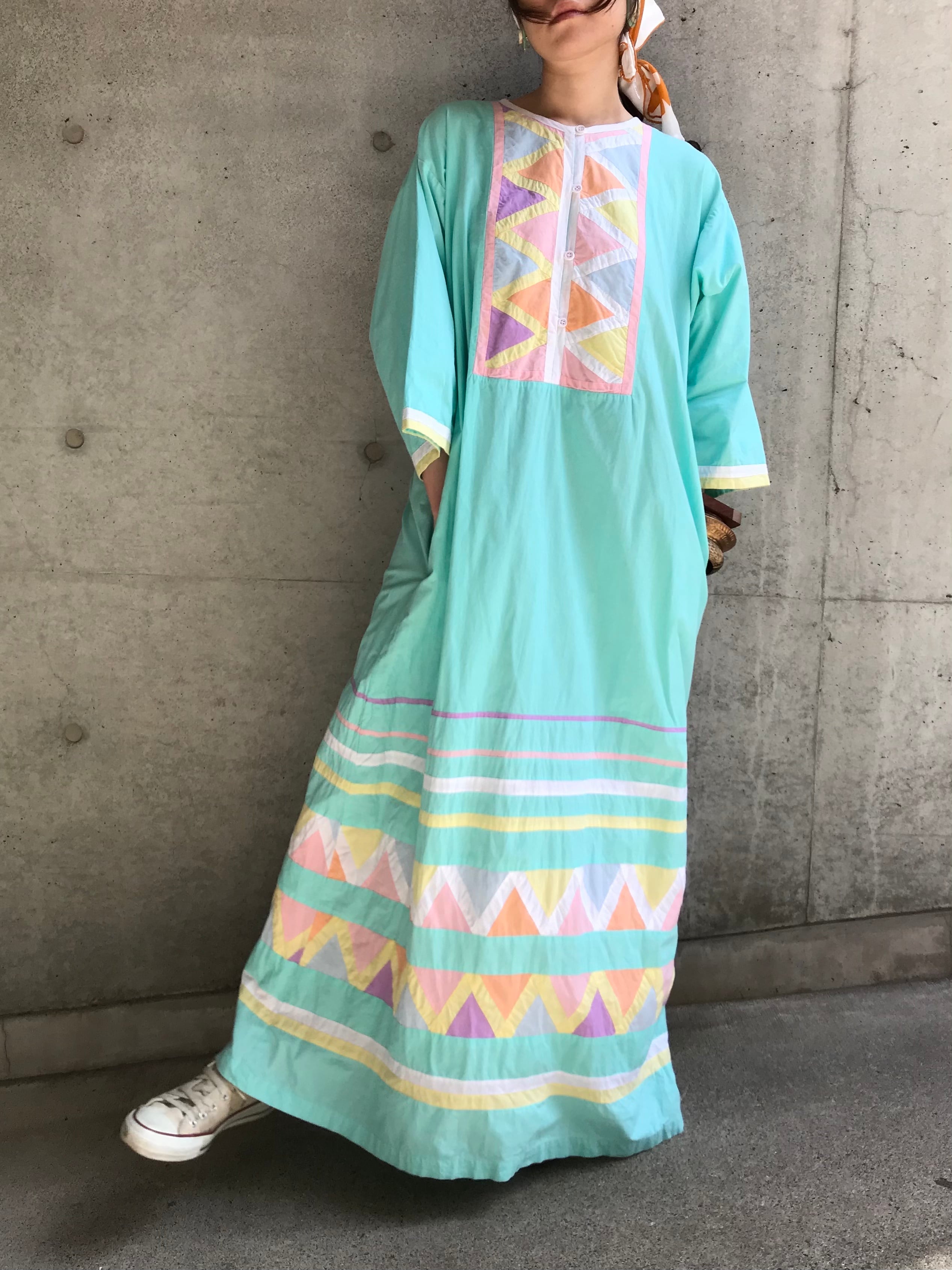 70s Ice Blue Patchwork Indian Cotton Dress ヴィンテージ アイスブルー パッチワーク インド コットン ワンピース Riyad Vintage Shop