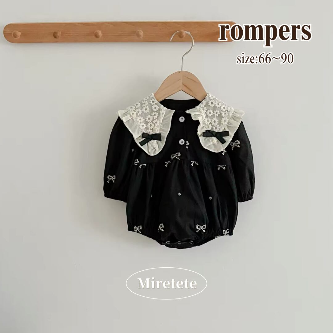 【取寄】流行りのリボンが可愛すぎるフリル襟のリボン長袖ロンパース