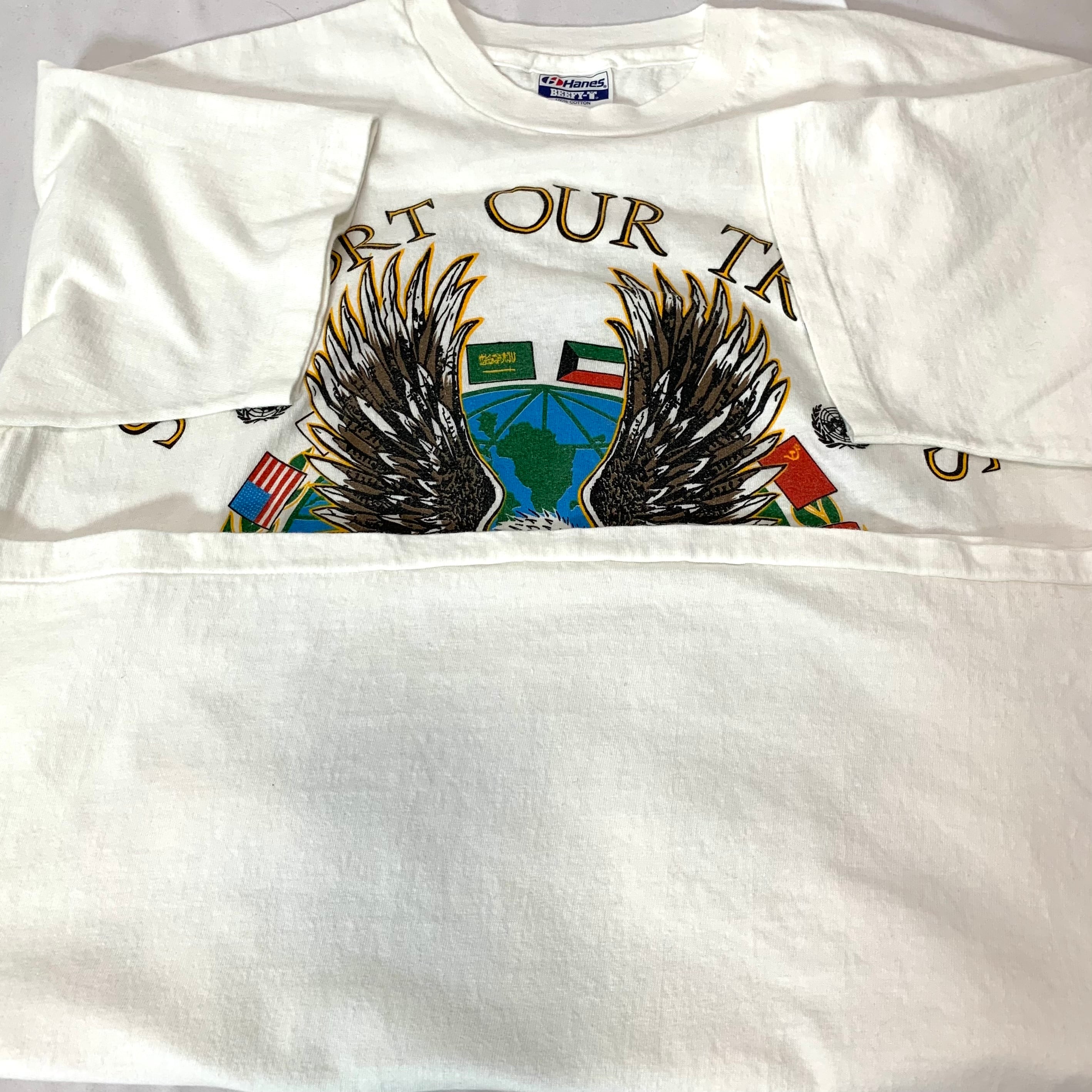 vintage 90s print T-shirt Operation Desert Shield Hanes BEEFY MADE IN USA  プリントTシャツ ヘインズ アメリカ製 湾岸戦争 砂漠の盾作戦 メンズ レディース ホワイト 白 size XL ビンテージ ヴィンテージ