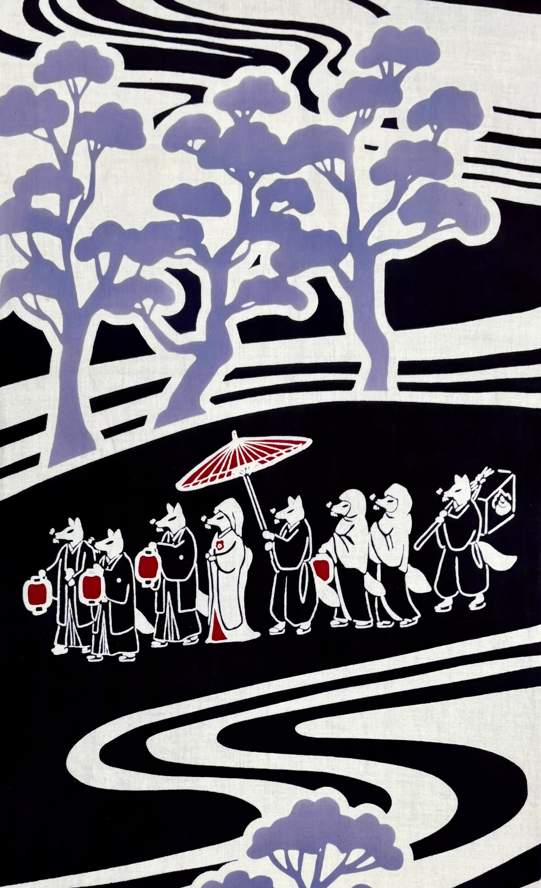 注染手拭い「狐の嫁入り」濃紺 | 染工房ユキヤオンラインショップ