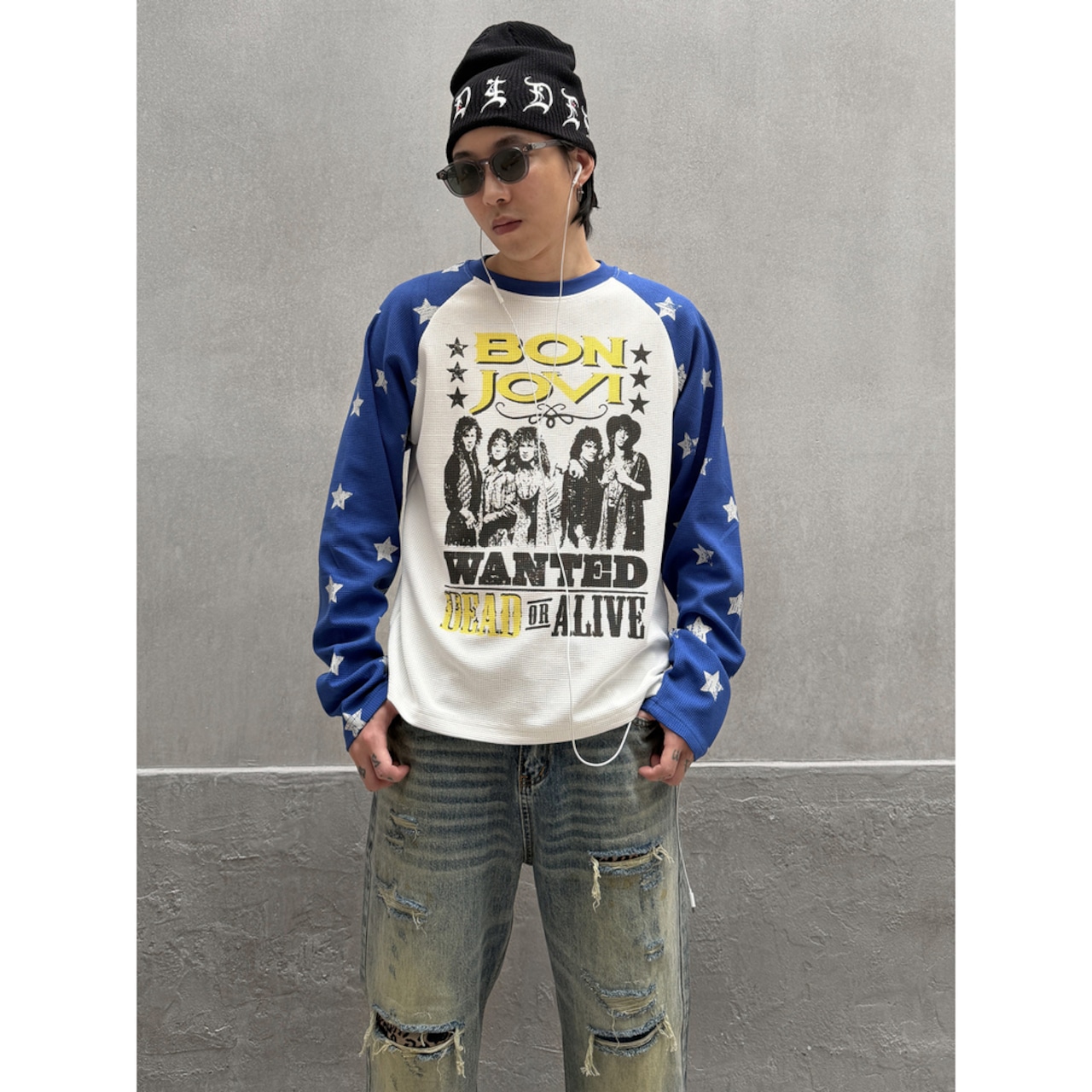 VINTAGE ストリート スタースリーブ ワッフルロングTシャツ T2237