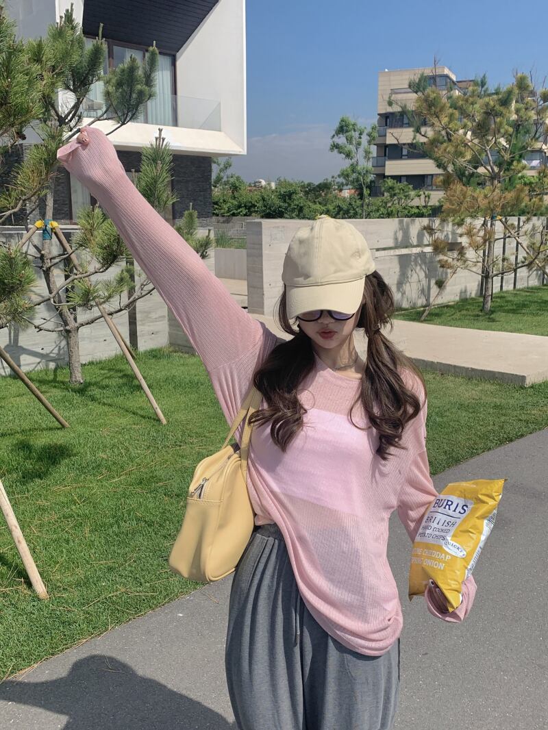 ブラウス Tシャツ レディースサマー薄手スタイルルーズトップス ロング ピンク 夏物 シルク ブラックストロベリース8013112996