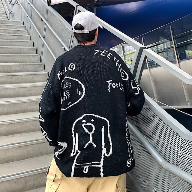 予約販売】ニット オーバーサイズ クルーネック メンズ 落書き柄 予約販売】ニット オーバーサイズ クルーネック メンズ 落書き柄