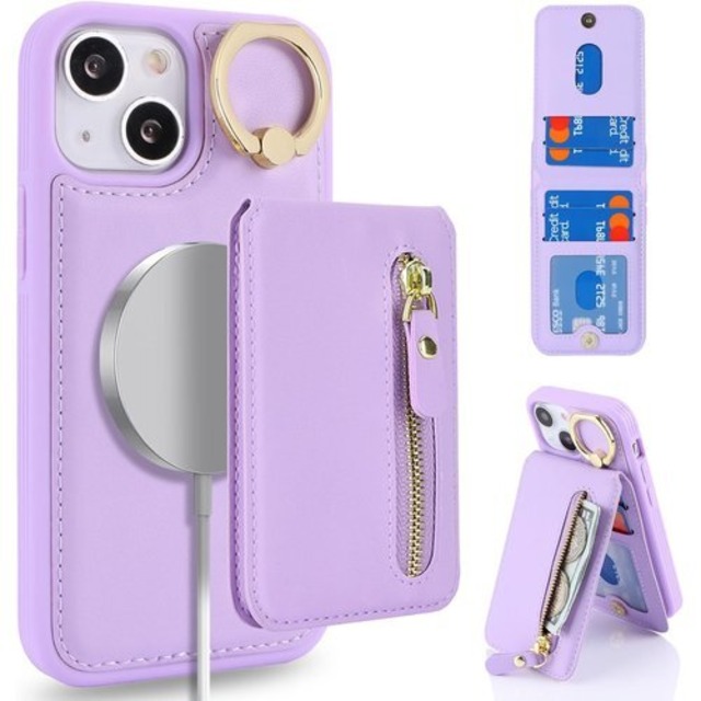 iPhone 13 mini ケース 分離可 カードケース リング付きケース magsafe対応ケース マグセーフ アイホン13ミニ リング付き iPhone 13mini カバー スマホケース アイフォン13 ミニ アイホン 13 mini case 適用 iCoverCase リング カード収納 スナップ 横置き スタンド マグネット ファスナー 携帯カバー パープル 2779
