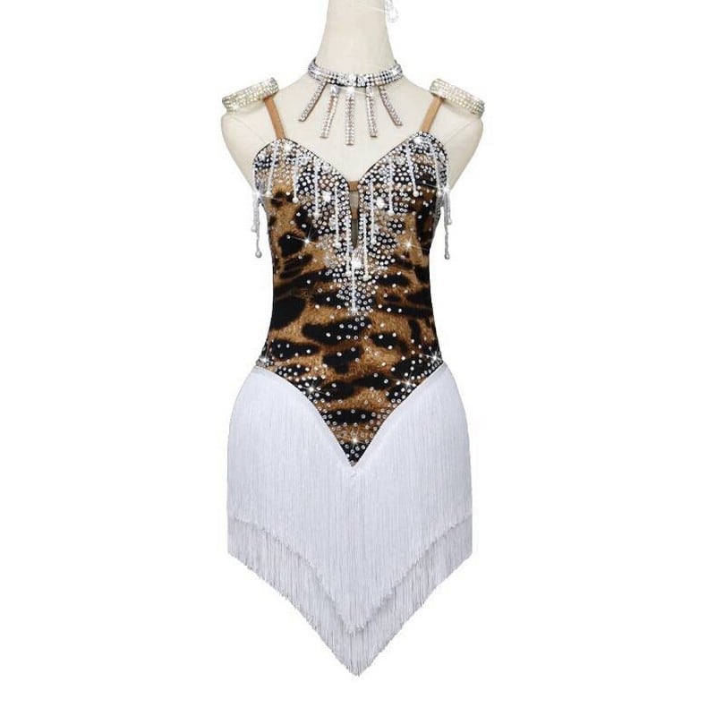 レオパードグリッター×ホワイトフリンジ ラテンドレス ds0762