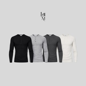 【Muscle Fit】Ribbed Henley Neck Neck Long Sleeve T-Shirts (4color)
