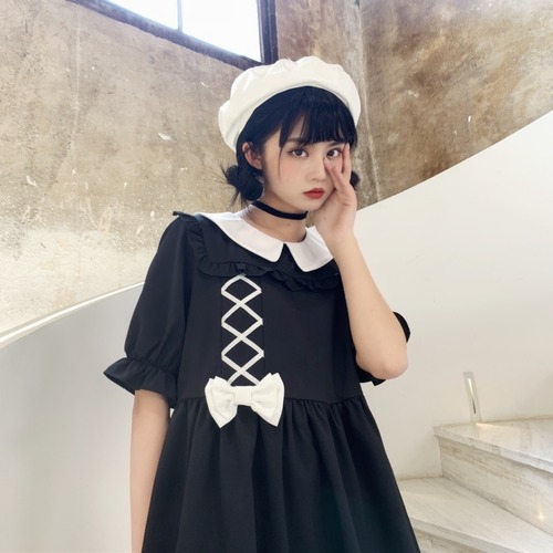 ✞ スカート きれいめ☆スタンダードリボン半袖スリーブ ショート レトロ ハーフスリーブ 大人ガーリー スウィート キュート カジュアル ステッチ ✞ゴスロリ SM ミリ 甘ロリ クラロリ 和ロリ エレガント 黒ロリ 姫ロリ 華ロリ BB-BB4885468