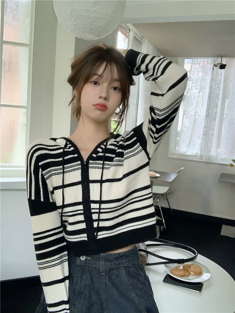 フードストライプニットカーディガンオータムルーズカジュアルトップス ロング 秋物 モンロー74633208333