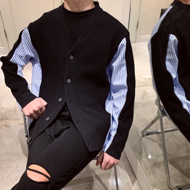 【予約販売】カーディガン ニット シャツ 異素材ミックス メンズ アウター Vネック 無地 ブラック ベージュ シンプル ベーシック カジュアル シック 男前 こなれ感 お洒落 韓国 トレンド 秋 冬 春 M/L/XL