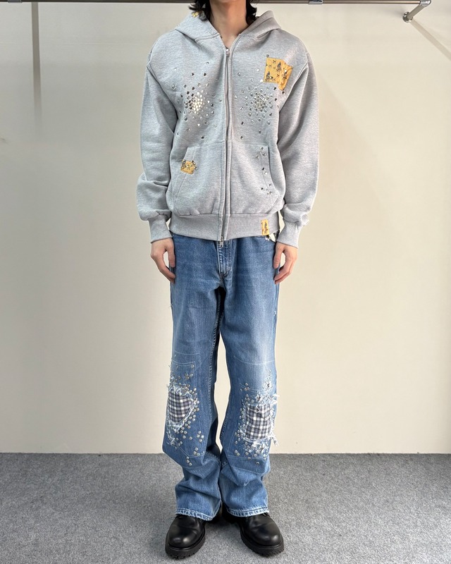 【Hannah Creak】Studded Hoodie Double Zip Grey