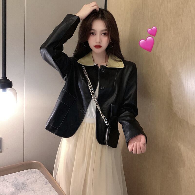 スタンダードカラーショートレザージャケット オータムカジュアル レトロ ストリート 大人ガーリー スウィート キュート 秋物 ガールズファッション57294299548