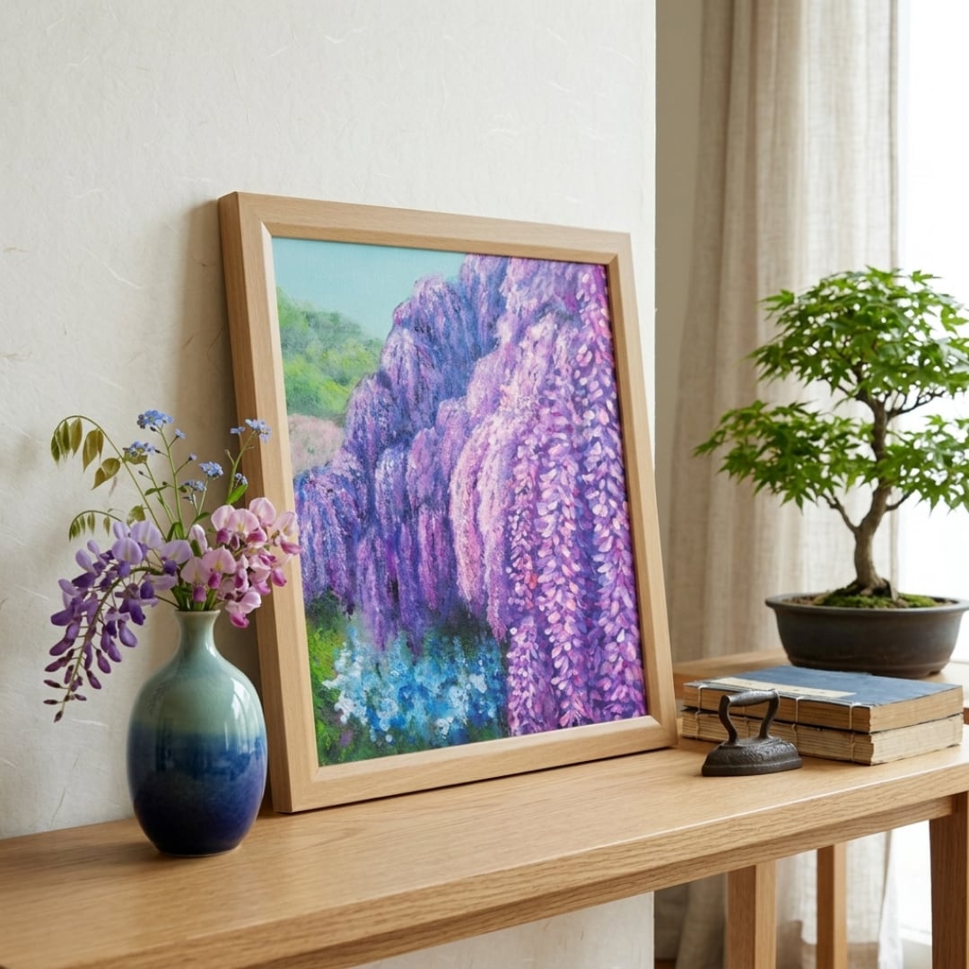 原画】藤の花咲く春の風景「悠久の紫」 油絵/風景画/癒し/インテリア