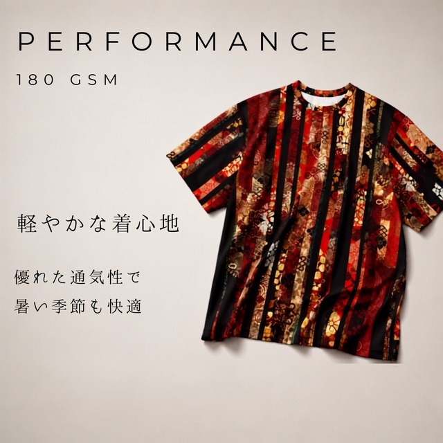 和紋様装飾　牡丹紅白　和柄ユニセックス 180G Performance Tシャツ