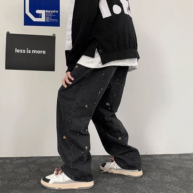 【予約販売】デニム ボトムス メンズ スター ストレート 星柄 ジーパン ペイント ブラック ブルー カジュアル こなれ感 お洒落 韓国 トレンド 秋 冬 M/L/XL/2XL
