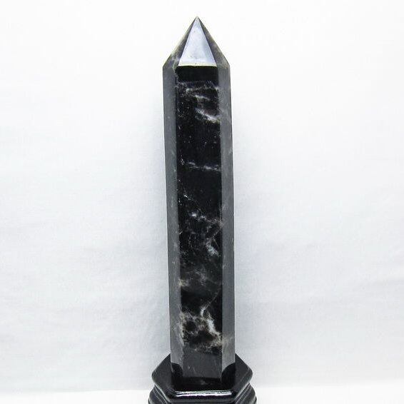 2.1Kg モリオン 六角柱 黒水晶 ポイント 置物 一点物 台座付属 162-445