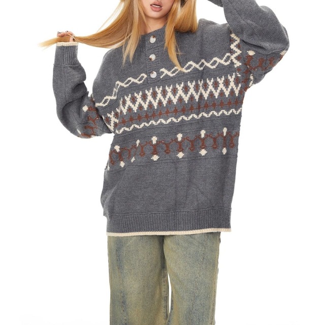 ネイティブパターンヘンリーネックニット R01235